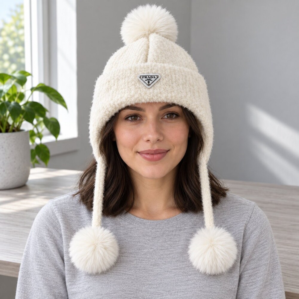 Prada Ivory Earflap Hat with Pom-Poms - Picture 2 of 6
